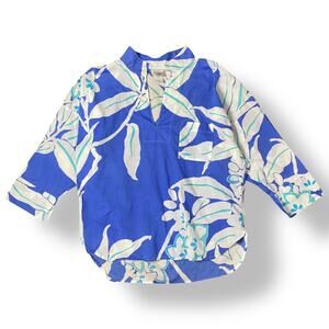 Natori Floral 3/4 Sleeve Blouse Womens Size M Blue Boho Beachy